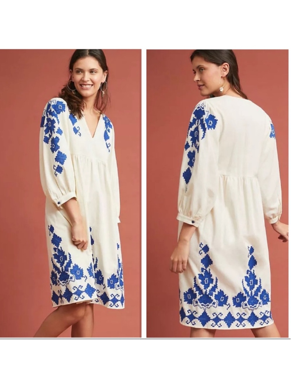 Anthropologie Velvet Graham Spencer Jora Cream Blue Embroidered Peasant Dress XS